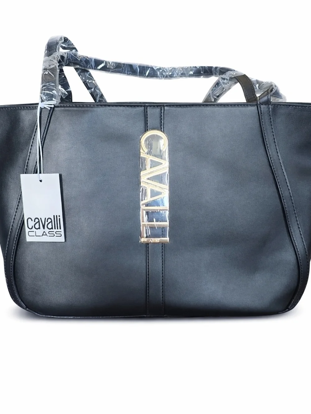 NWT Cavalli Class Big Black Sandra Shopper Tote With Gold Hardware